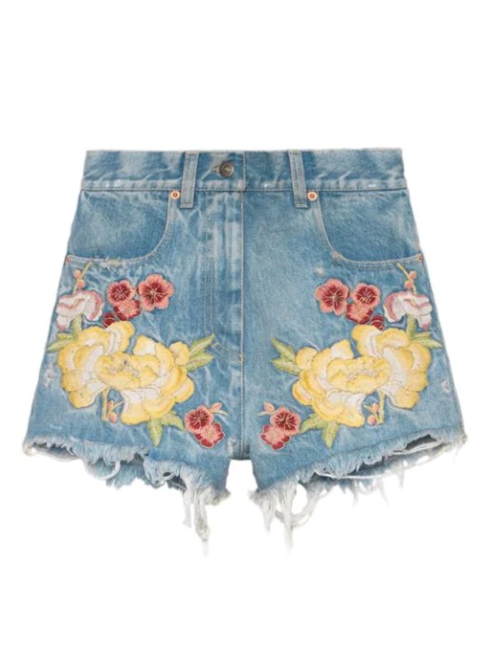 Gucci Cruise 2018 Embroidered Raw-Edge Denim Shorts